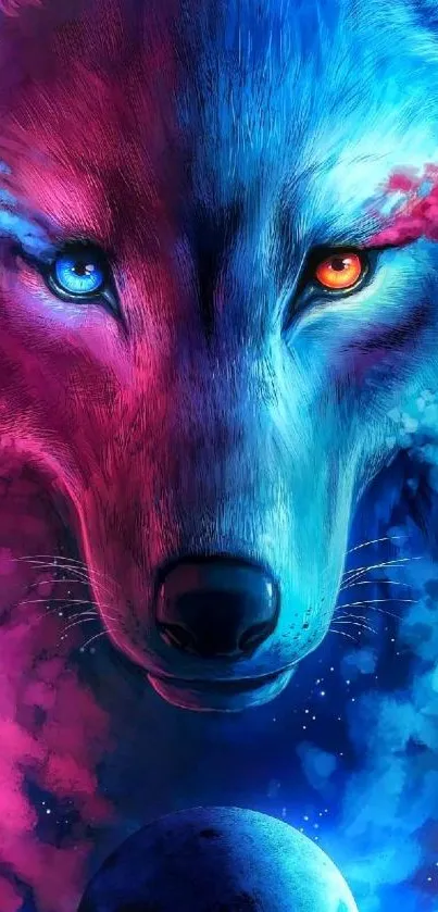 Colorful galaxy wolf with vibrant hues and contrasting eyes, perfect for wallpaper.