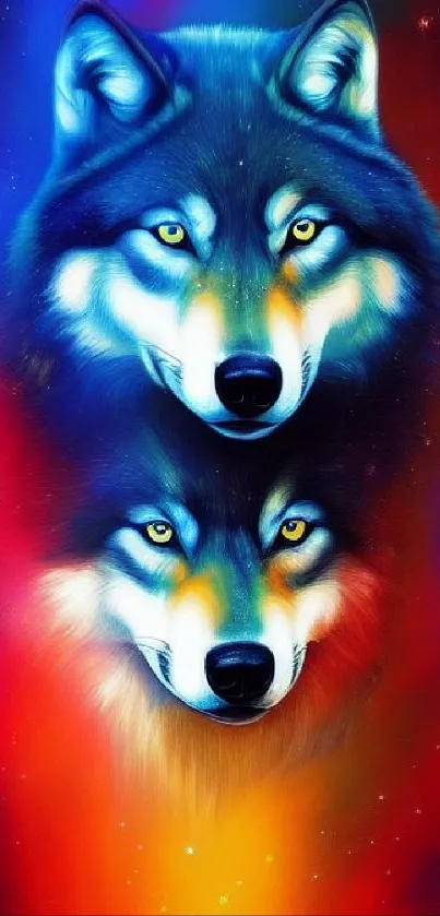 Two vibrant wolves against a cosmic galaxy backdrop in neon colors.