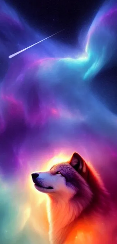 Vibrant wolf gazing into colorful galaxy on phone wallpaper.