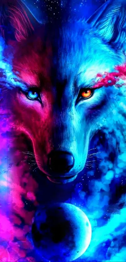 A vibrant wolf with neon colors in a cosmic galaxy setting.