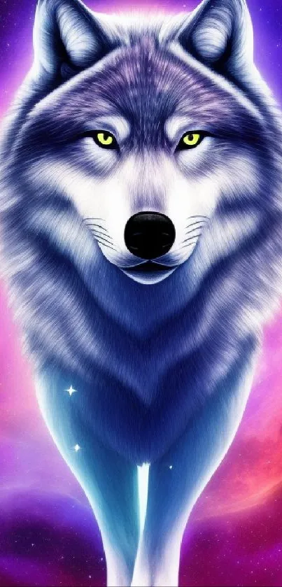 Majestic wolf in a vibrant galaxy scene with glowing colors and cosmic background.