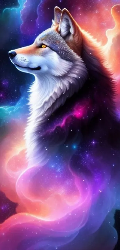 Luminous wolf with a glowing galaxy backdrop in vibrant colors.