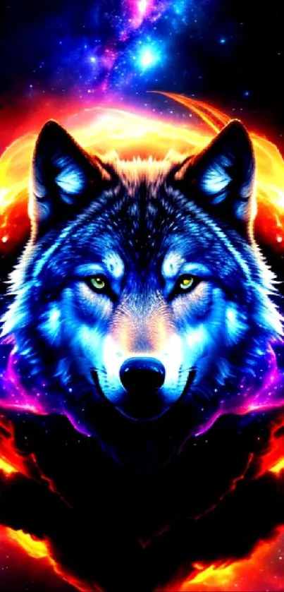 Vibrant wolf in a cosmic and neon galaxy background.