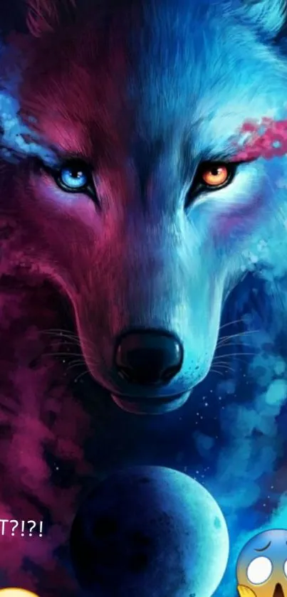 Wolf in colorful galaxy with blue hue