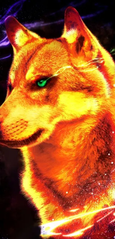 Vibrant neon wolf with electric glow and colorful background.