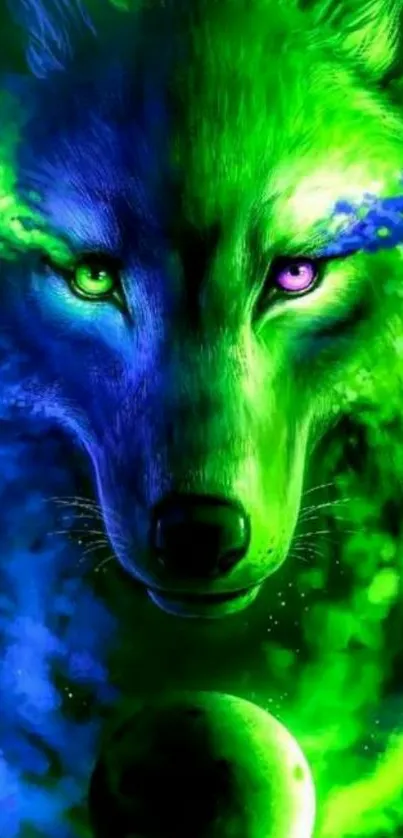 Neon green and blue glowing wolf wallpaper.