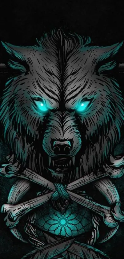 Mystical wolf with teal glow in artistic mobile wallpaper.