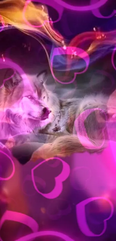 Mystical wolf with pink and purple hearts in a vibrant wallpaper.