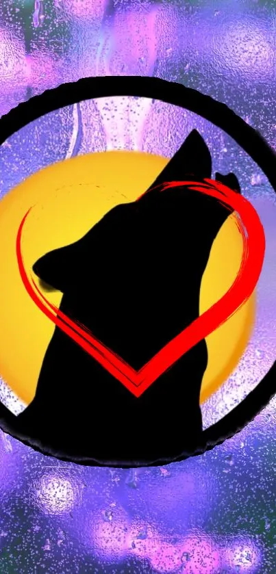 Wolf silhouette with heart against vibrant purple and yellow background.