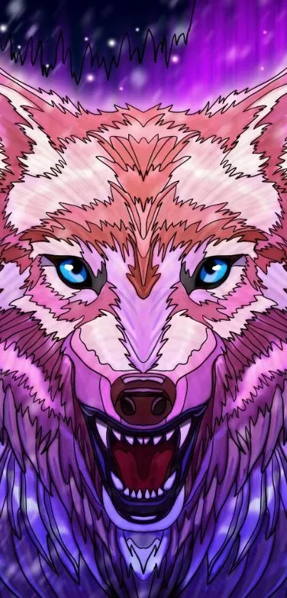 Vibrant wolf illustration with purple hues and intricate details.