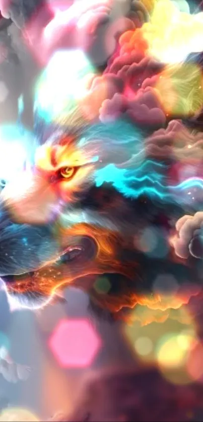 A vibrant artistic wolf with colorful clouds and bokeh effects.