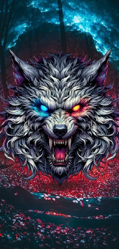 Fierce wolf with vibrant eyes in a mystical forest setting.