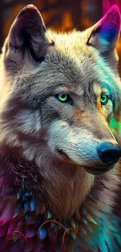 Majestic wolf in a colorful forest with vibrant hues and captivating design.