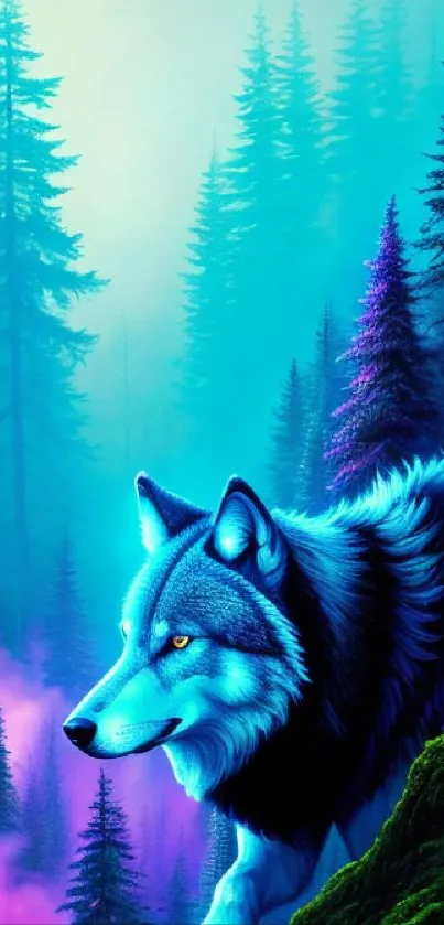 Vibrant wolf in a mystical, colorful forest scene with blue and purple hues.