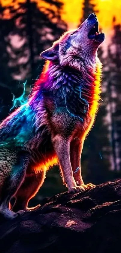 A neon-colored wolf howling in a vibrant forest at sunset.