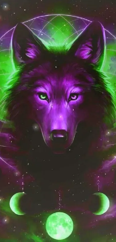 Vibrant neon wolf with moons in purple and green cosmic design.