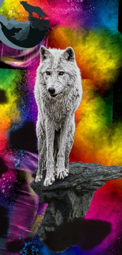 Majestic wolf on vibrant multicolored backdrop for mobile wallpaper.