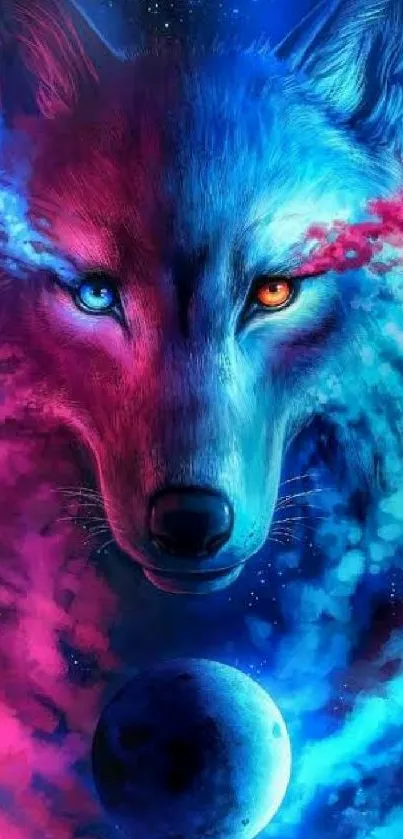 Colorful wolf in space with vivid neon hues and a night sky background.