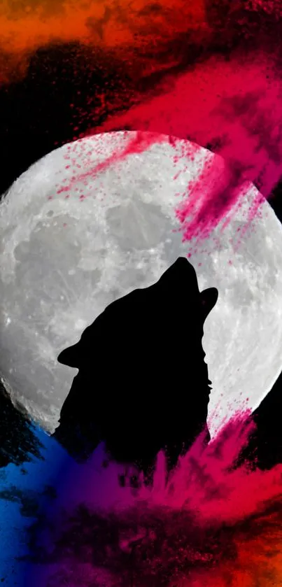 Wolf silhouette before a vibrant moon with colorful splashes.