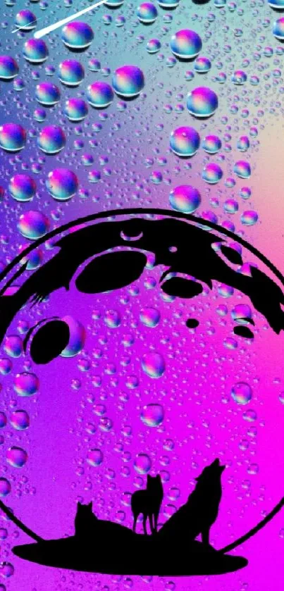 Vibrant wolf moon wallpaper with colorful raindrop effect.