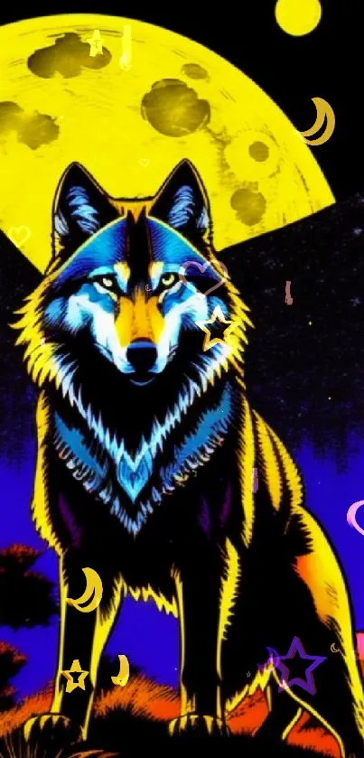 Vibrant wolf under a glowing yellow moon.