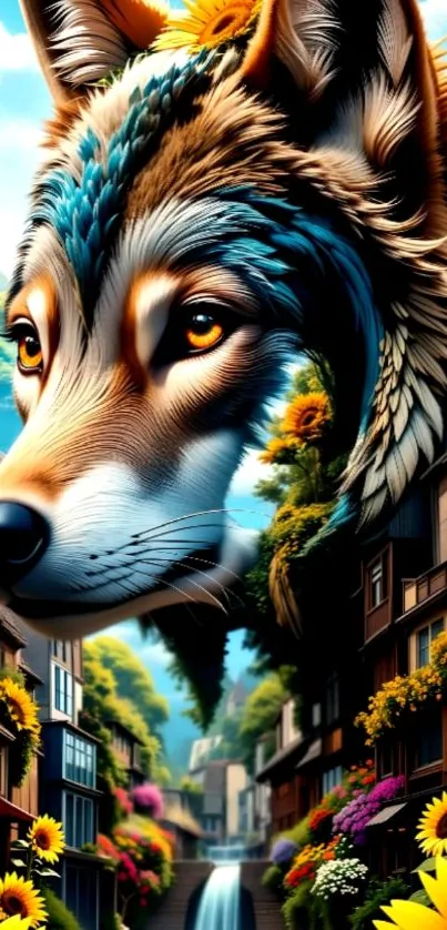 Colorful fantasy wolf with sunflowers and cityscape.