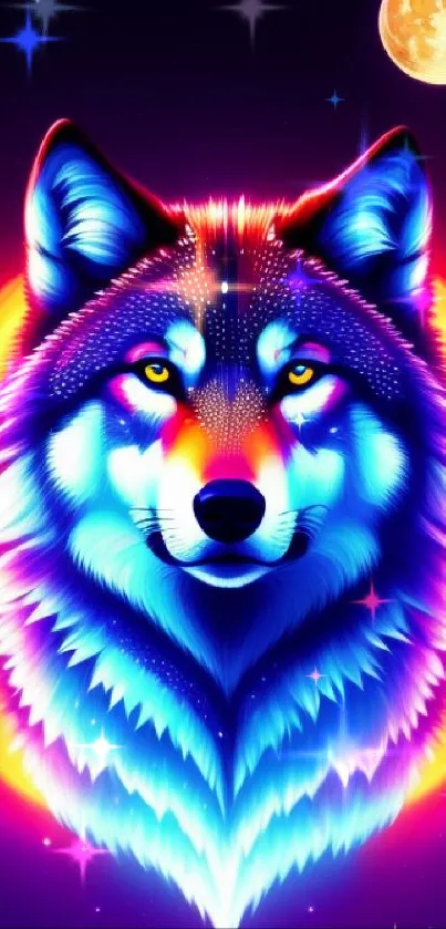 Neon wolf artwork with vibrant colors and moon.