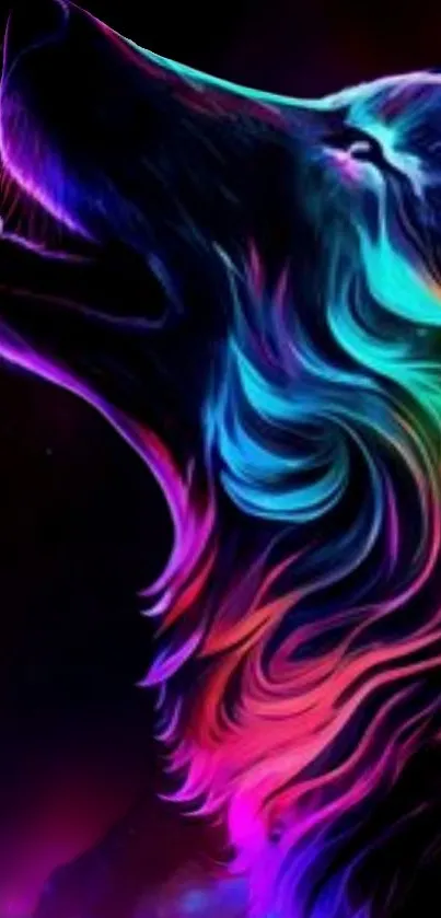 Colorful neon wolf art on a dark background.