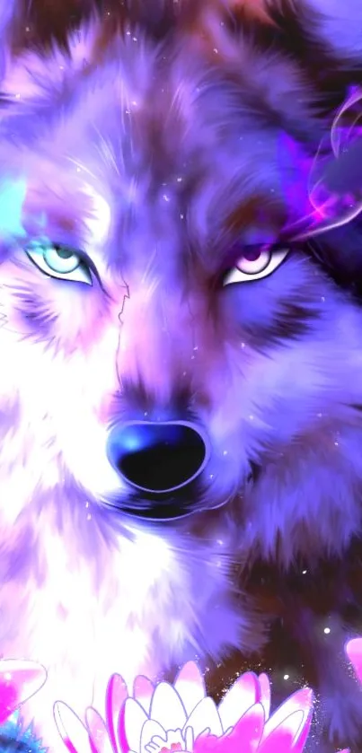 Vibrant neon wolf with glowing accents and colorful floral details.