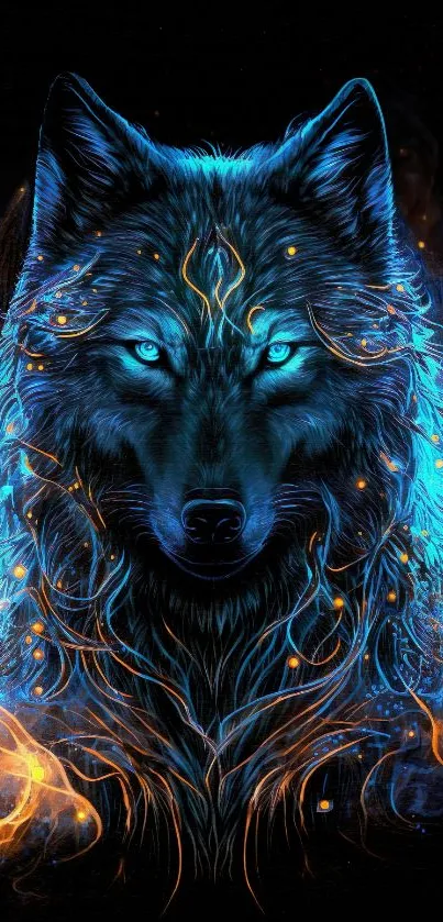 A neon blue and fiery wolf design wallpaper for mobile devices.