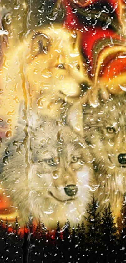 Vivid wallpaper of wolves with raindrop effects and a forest background.