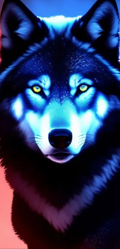 Vibrant wolf image with blue and red contrast.