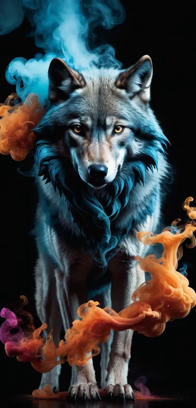 A vibrant wolf surrounded by colorful smoke clouds on a dark background.