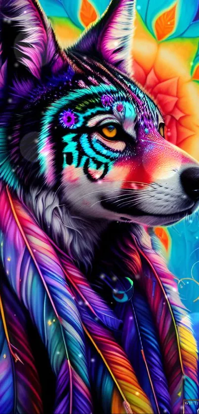 Colorful wolf spirit with feathers in a mystical design.