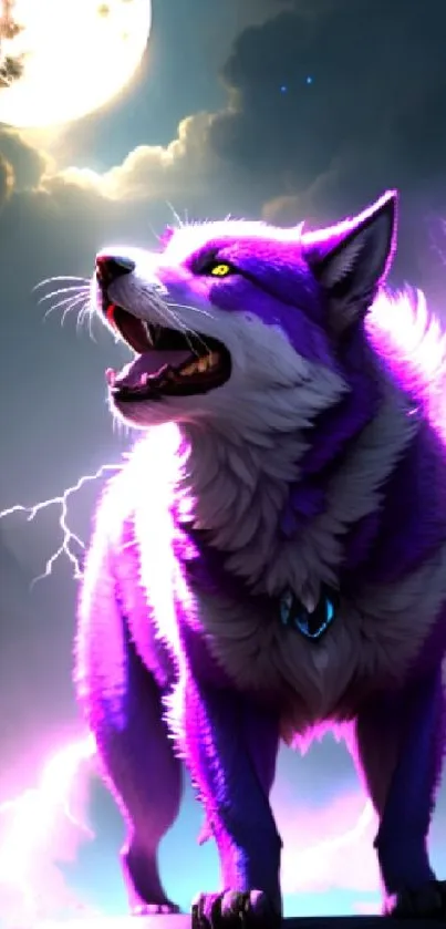 Purple wolf howling under moonlit sky with lightning and vibrant colors.