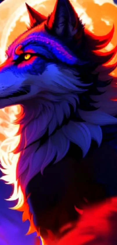 Neon wolf standing under a glowing full moon in vibrant colors.