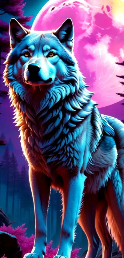 Vibrant wolf under a neon pink moon in a colorful forest.