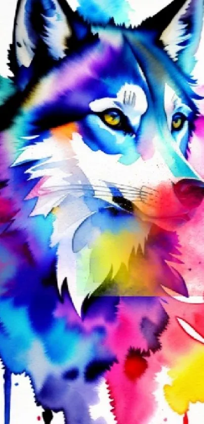 Colorful watercolor wolf with vibrant splash art.