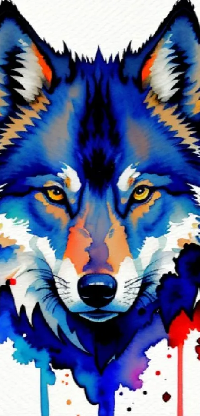 Colorful watercolor wolf artwork with vibrant blue and red shades.