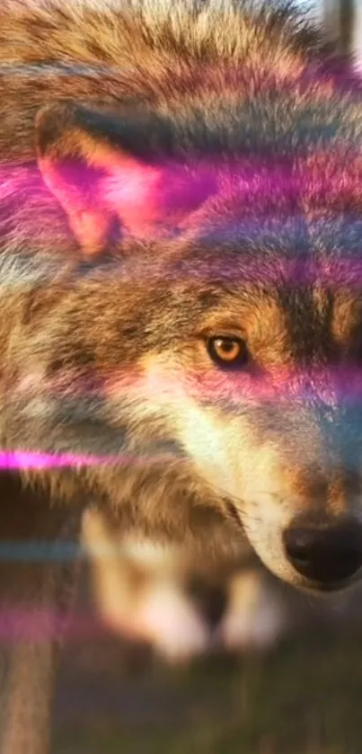 Wolf with neon pink stripes in vibrant artwork.