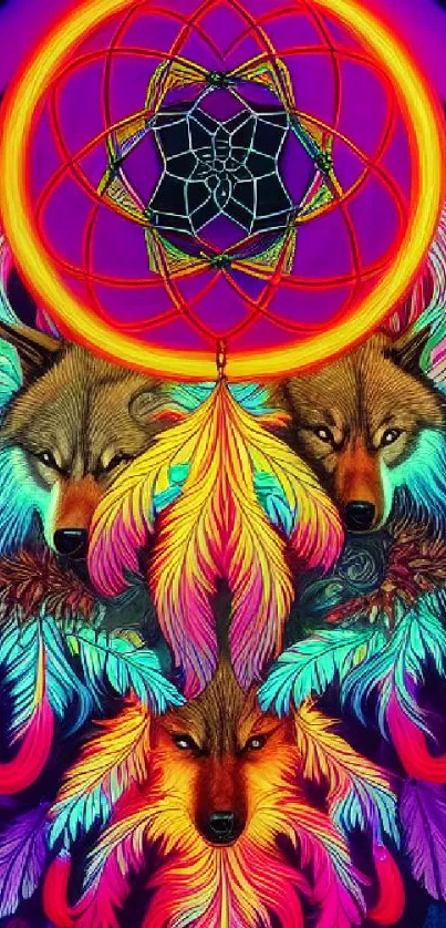 Neon wolves with dreamcatcher on a vibrant colorful background.