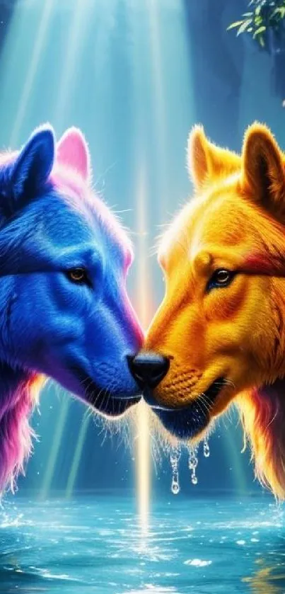 Two wolves in vibrant blue and yellow hues in abstract art.