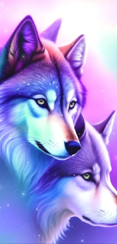 Vibrant fantasy wolves on a colorful gradient background.