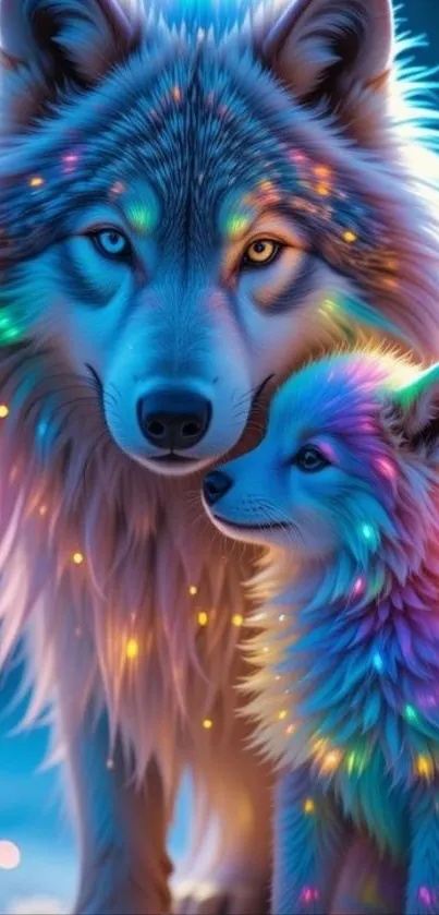 Neon-lit wolves with vibrant glowing fur