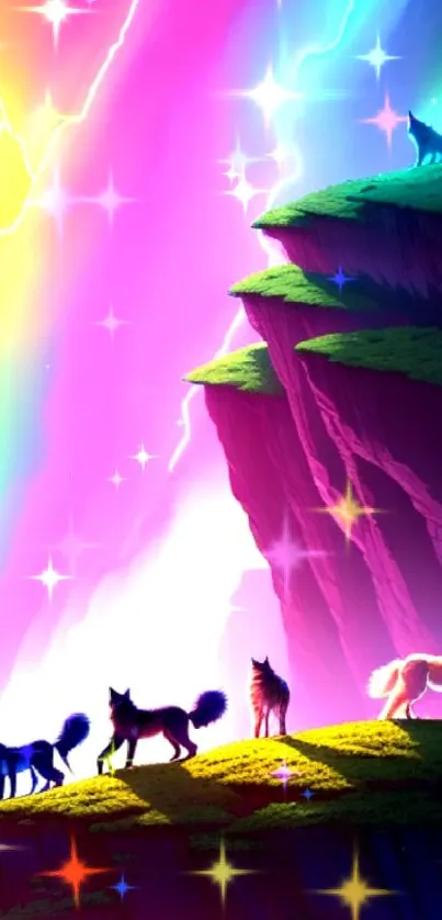 Vibrant digital art of wolves on a colorful cliff under a neon sky.