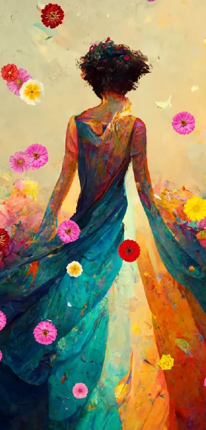 A woman in colorful flowing garments surrounded by vibrant flowers.