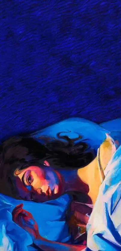 Artistic mobile wallpaper of a woman in vibrant blue hues.