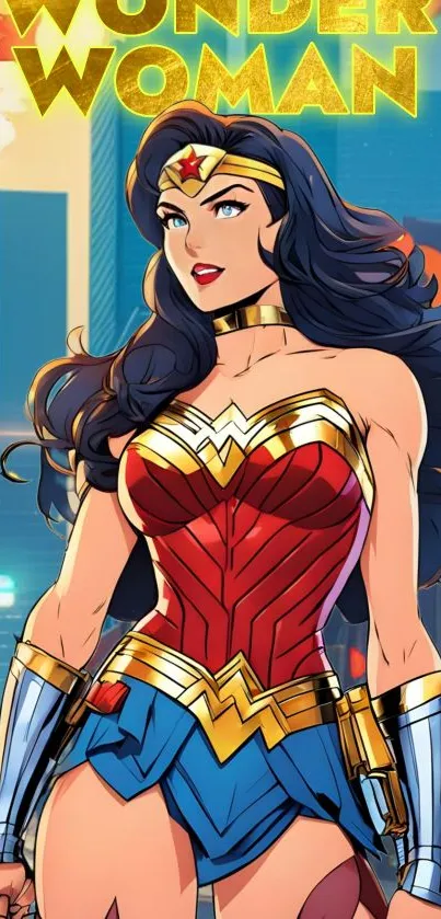 Wonder Woman in red, blue, and gold on a cityscape background.