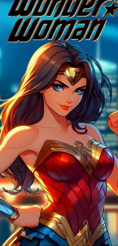 Anime art of Wonder Woman in a heroic pose with city background.