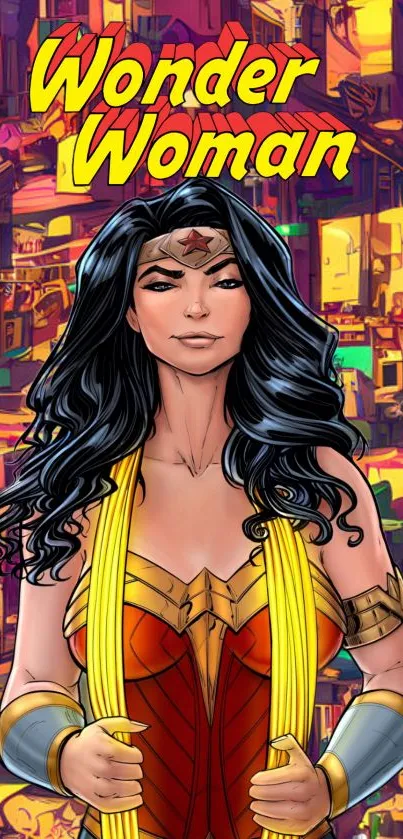 Wonder Woman in vibrant comic art style with colorful background.